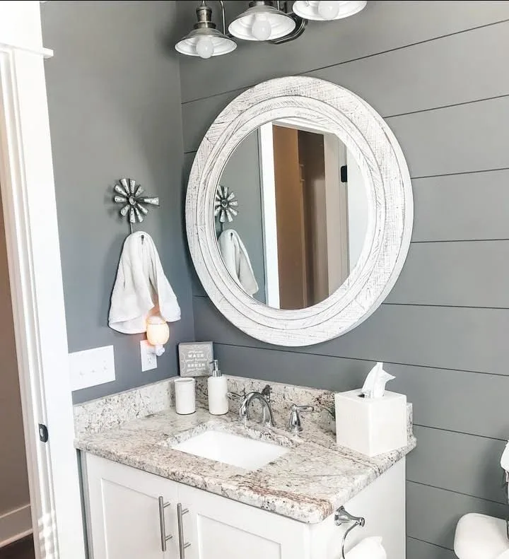 15 Modern Farmhouse Bathroom Ideas That Bring Rustic Charm & Modern Comfort 8 Shiplap Accent Wall