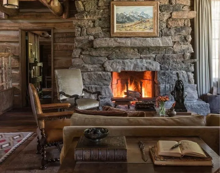 Vintage Stone Fireplace with Wooden Mantel
