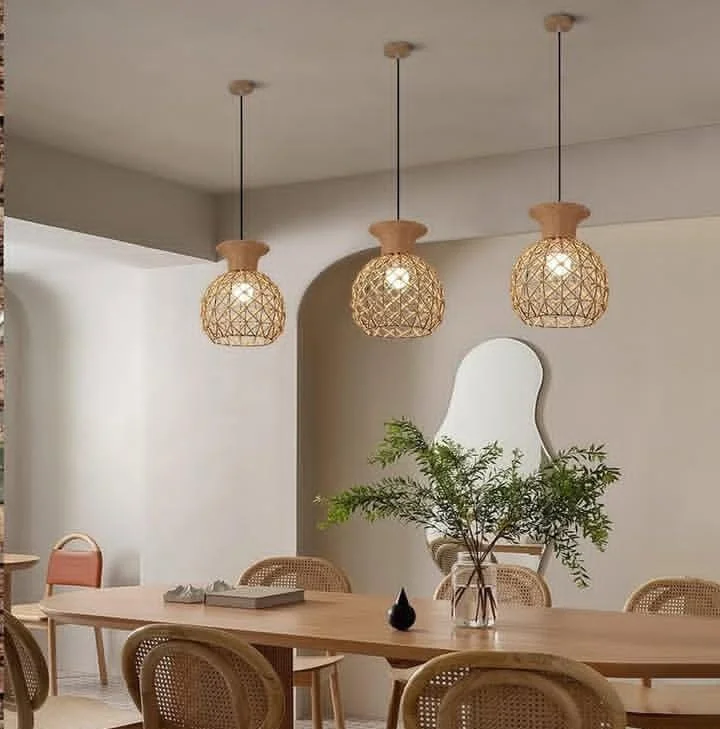 Rattan Pendant Lighting Over the Kitchen Island