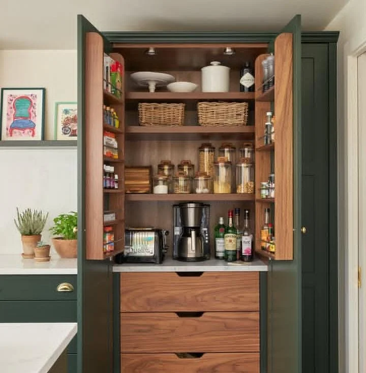 Wooden Open Pantry Shelving with Baskets
